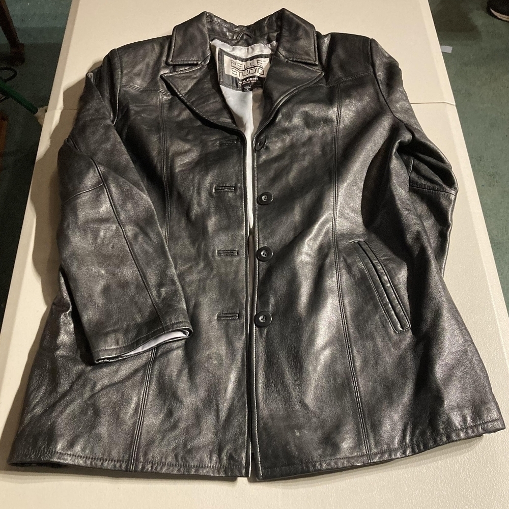 Vintage Wilsons Pelle Studio Black Leather Trench Coat Jacket Women's Large L